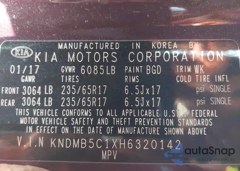2017 Kia Sedona Lx z USA, uszkodzony, nr VIN KNDMB5C1XH6320142